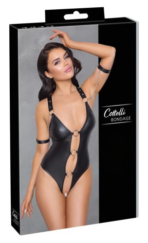 Cottelli Bondage - fényes, gyűrűs, nyitott body (fekete) - M